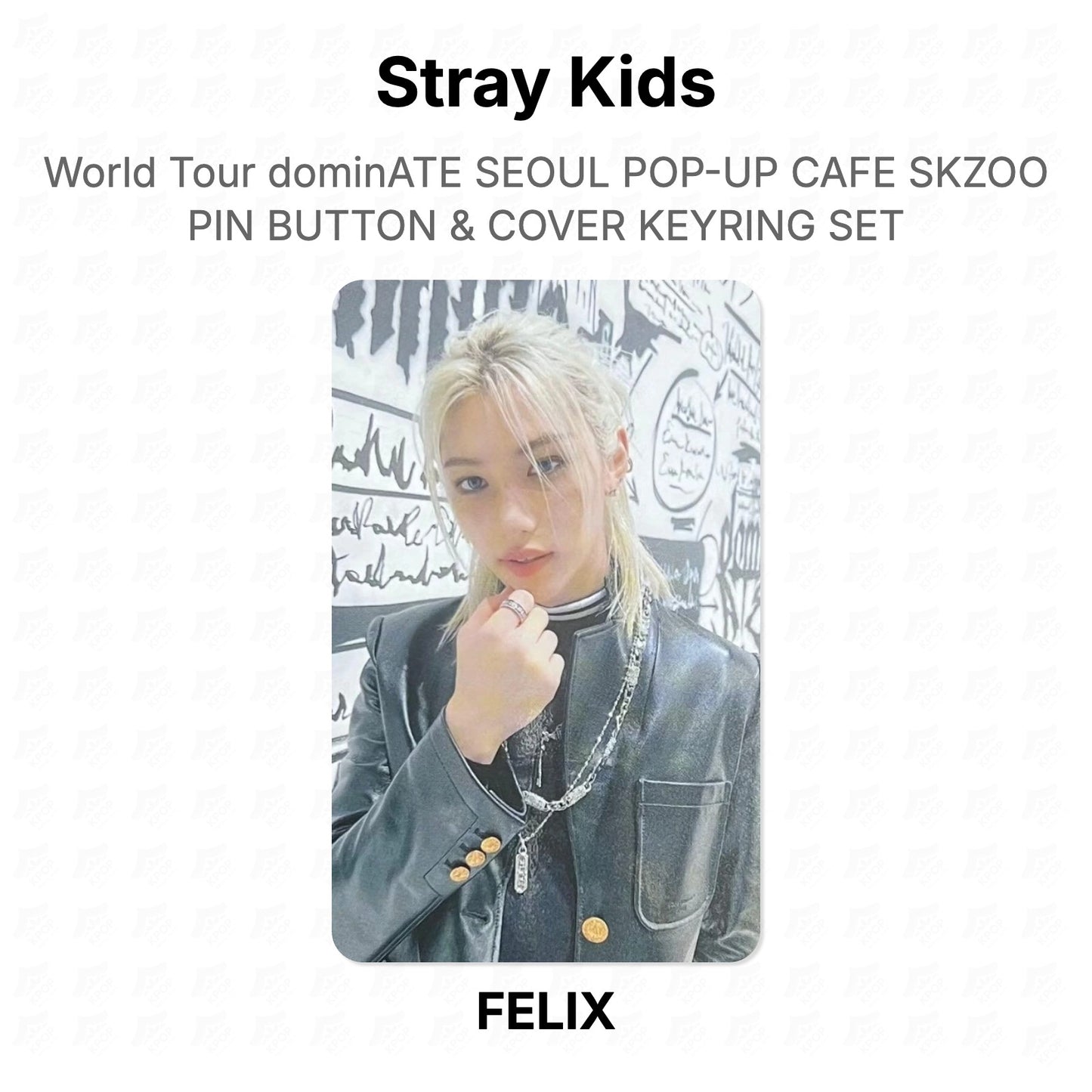 Stray Kids World Tour dominATE SEOUL POP-UP CAFE SKZOO PIN BUTTON & COVER KEYRING SET Official Photocard